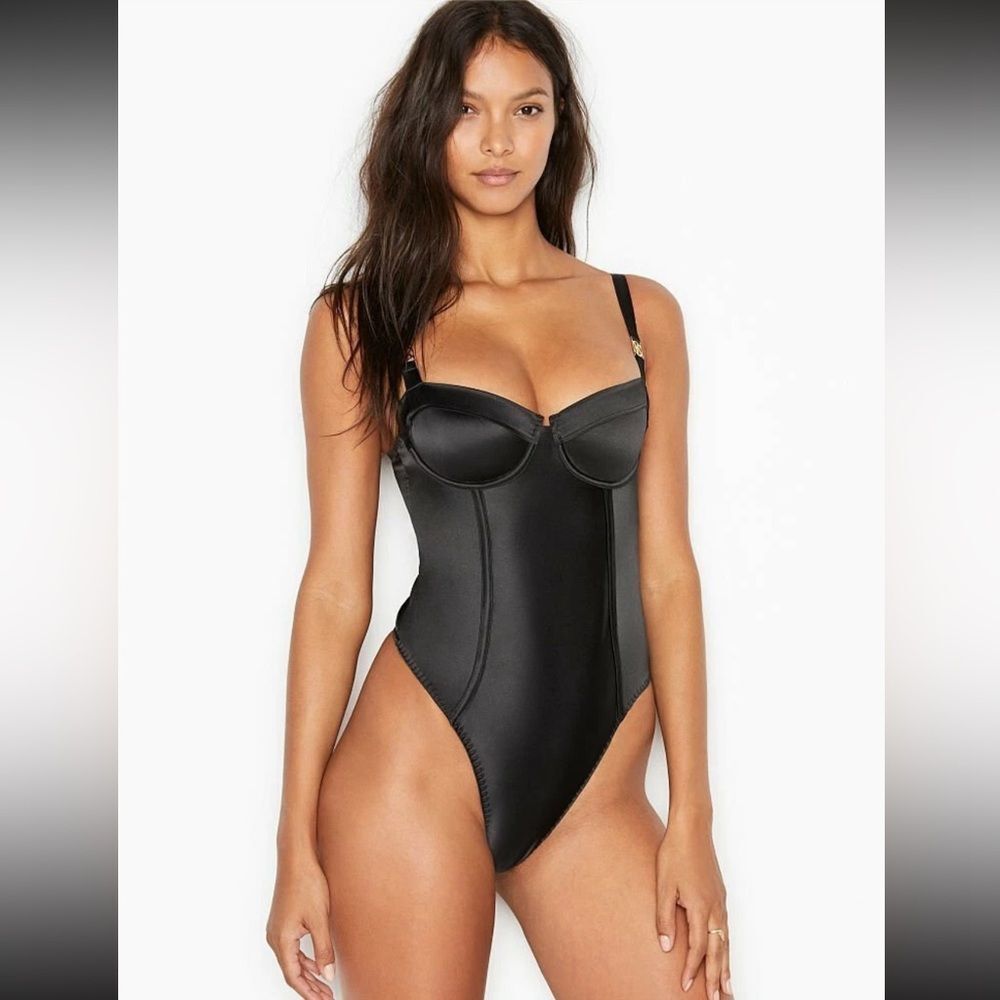 Victoria's Secret Logo Hardware Black Satin Bustier Thong Bodysuit Medium